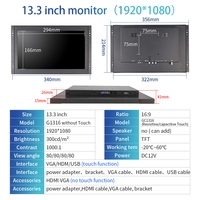 Écran tactile capacitif/résistif industriel de 13,3 pouces 1920x1080 à cadre ouvert, monté au mur, avec HDMI, VGA, USB