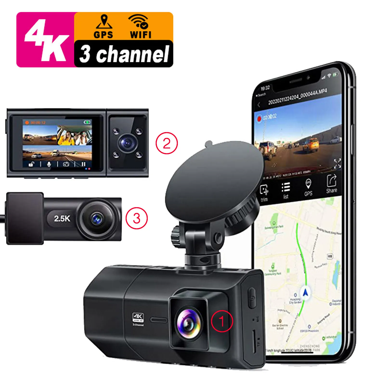 2 Zoll Auto kamera Dashcam 3 Objektiv HD 4k Auto DVR 3 Wege Dash Cam mit mit Nachtsicht 4k Wifi GPS 3 Kanal Dash Cam 4k 3 Objektiv