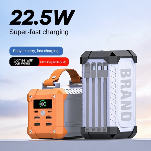 60000/80000mAh 22.5W Fast Charging Power Bank with Built-in 4 Cables LED Camping Light Multi-Port Outputs (USB-A + USB-C)