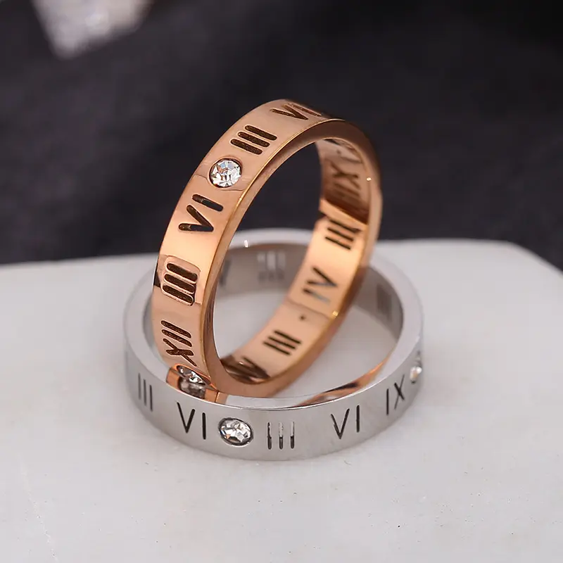 Europe Plain Style Titanium Couple Jewelry 18K Rose Gold Plated Roman Numerals Stainless Steel Rings