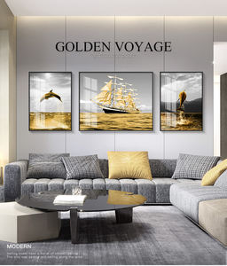 الفاخرة 3D الصور الفنون الحديثة غرفة المعيشة الديكور الذهبي البحر لوحات المشهد الخزف المصنوع من الكريستال جدار الفن - Product Image 2