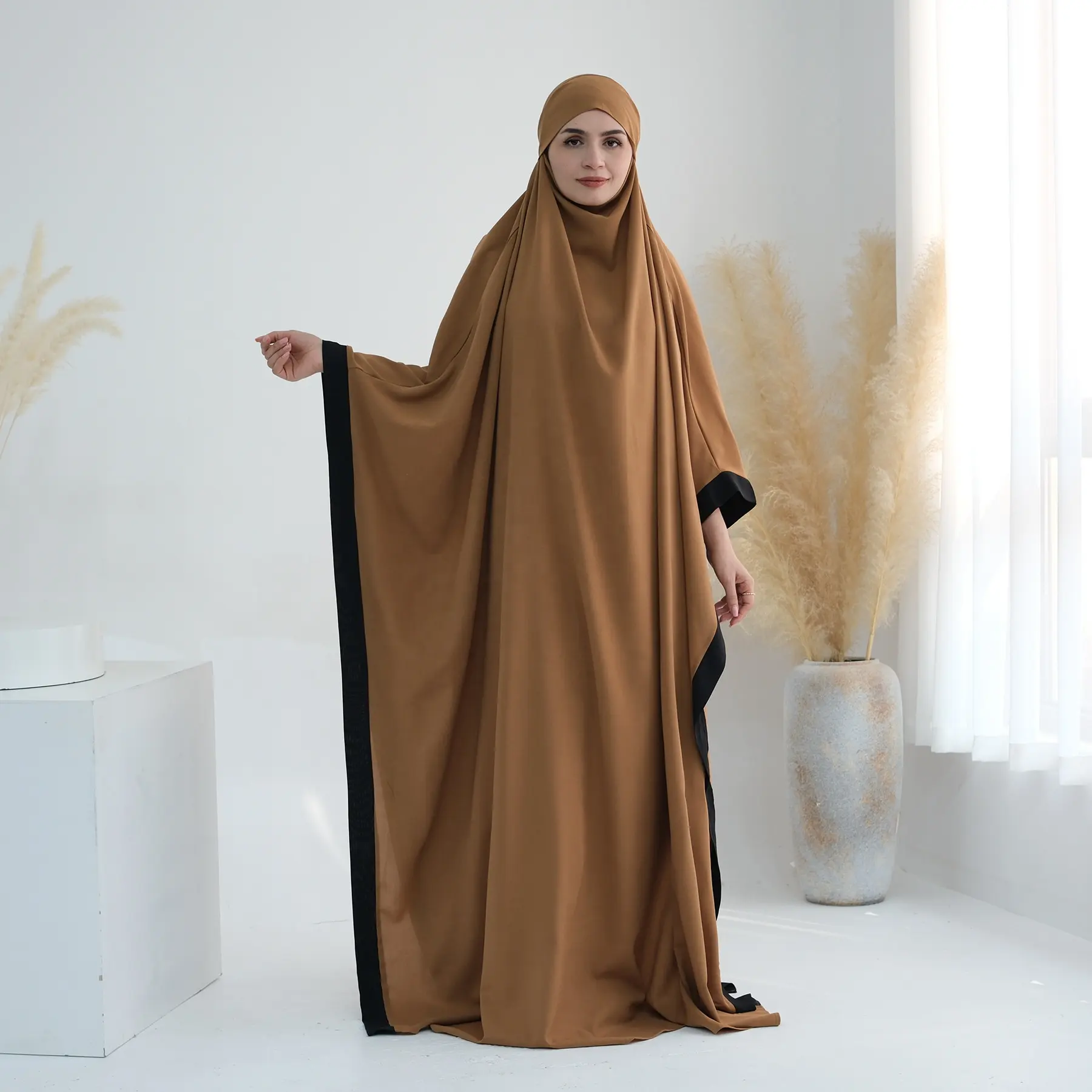 Müslüman kadınlar Trim namaz elbise Eid Abaya elbise islam giyim tek parça Khimar müslüman Dubai orta tam kapak ramazan Abaya