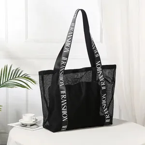 Sac fourre-tout en maille de nylon réutilisable avec anses imprimées sur mesure Sac à provisions en maille Sac de plage en maille avec logo personnalisé