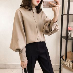 Camisas Femininas Coreanas com Gola Alta e Botões, Manga Longa Bufante, Cor Sólida, Soltas, Tamanhos Grandes, Blusa Casual - Product Image 3