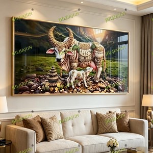 Peinture sur Porcelaine Cristalline Personnalisée en Gros, Art Mural Vache, Cadre Doré, Design Rectangulaire Traditionnel, Décoration Intérieure - Product Image 6