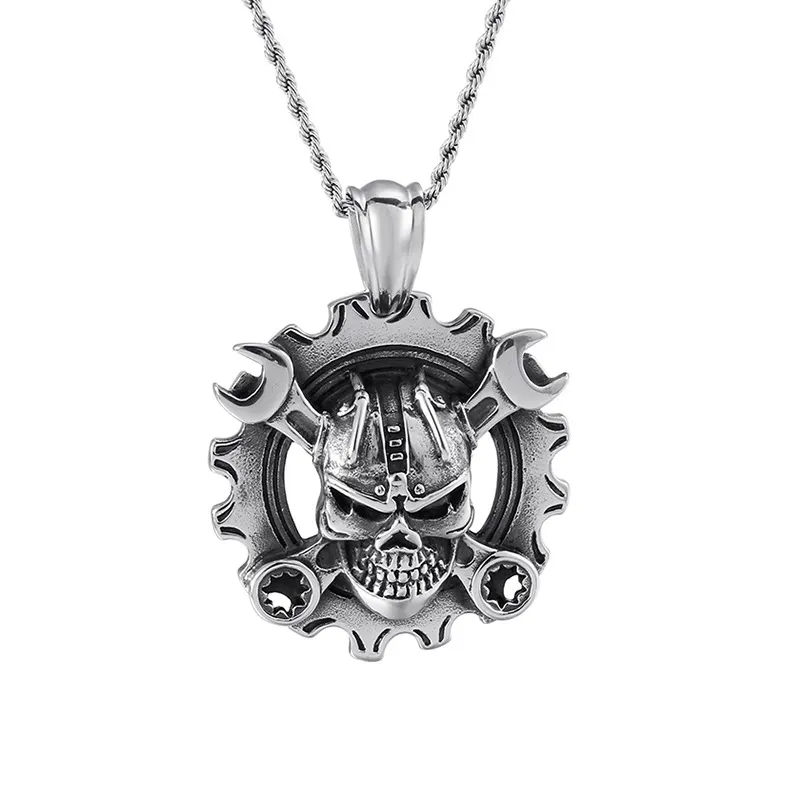 Collier Vintage en acier pour hommes, clé mécanique, roue d'engrenage, crâne, pendentif, chaîne de blé, motard