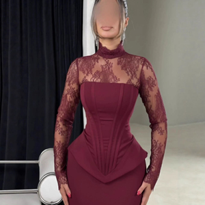 2026 New Style European Lace Patchwork Long-Sleeved A-line Draped Bodycon Fit-and-Flare <b>Dress</b> - Product Image 6