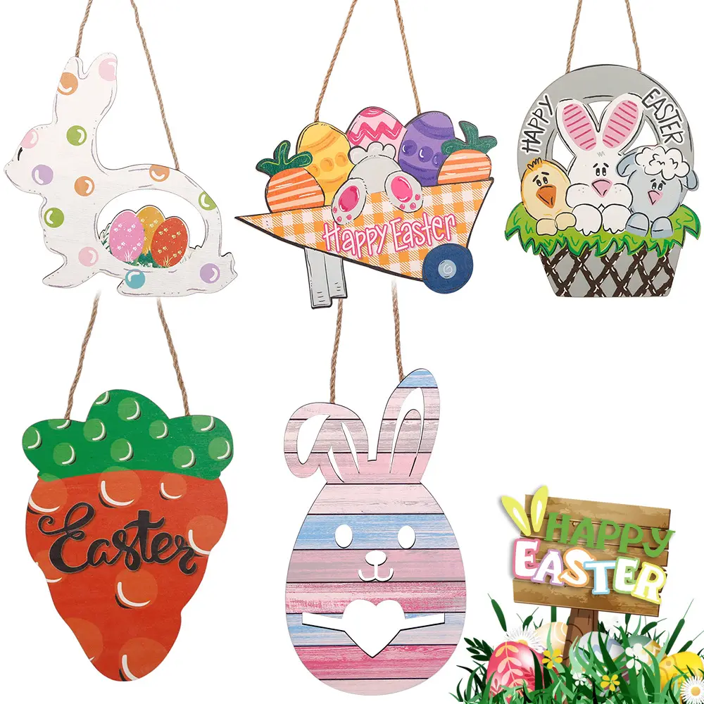 Easter decorations wooden pendant holiday gifts window home atmosphere carrot rabbit doorplate number plate