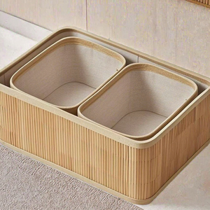 ตะกร้าเก็บของสี่เหลี่ยมทอจากไม้ไผ่ ชุด 3 ชิ้น พร้อมซับใน ประหยัดพื้นที่ สำหรับเครื่องสำอาง ของตกแต่ง และหนังสือ - Product Image 3