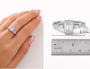 Diamant de laboratoire taille émeraude pour fiançailles |   Bague de mariage de luxe plaquée or rose 4,50 CTW, style trilogie baguette conique, prête pour les fêtes - Product Image 2