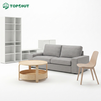 Ensemble de meubles de salon blancs avec console TV modulaire, bibliothèque à cubes ouverts, table basse ronde de rangement, canapé 2 places en tissu