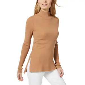 HD240894 OEM suéter de punto acanalado puntiagudo con cuello simulado para mujer Jersey de punto ajustado de mezcla de viscosa para mujer