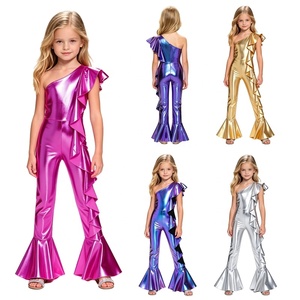 Combinaison de danse métallique à volants et bas évasé pour filles, à une épaule, manches évasées, pour gymnastique, jazz, patinage, tenue de compétition personnalisée - Product Image 1
