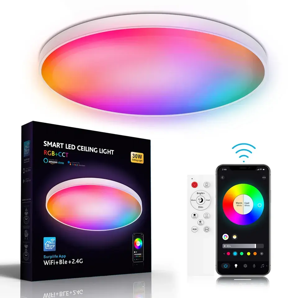Интеллектуальная беспроводная (Wi-Fi) Регулируемая 30 Вт 2200lm 110V затемнения RGB круглая потолочная панель округлая панель лампы интеллигентая (ый) светодиодные потолочные лампы, светодиодный потолочный светильник