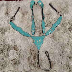Barkat Overseas C122786 3D Floral Teal Genuine Leather English Western Horse Bridle Tack Set Lightweight Beaded - Product Image 1