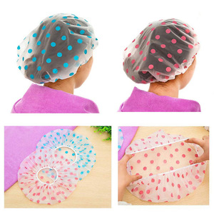 Bonnet de douche imperméable en plastique réutilisable avec bande élastique pour femmes, usage en spa et salon, motif à pois bleus, roses et verts - Product Image 4
