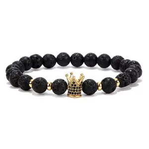 8 Mét Vương Miện Vua Charm Bracelet Đàn Ông Phụ Nữ Hợp Thời Trang Lava Đá Pave CZ Imperial Vương Miện Ngọc Lam Đá Hạt Bracelet