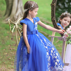 Vestido de niña de las flores con cuello en V, línea A, de tul azul bordado, estilo princesa para eventos de boda - Product Image 4