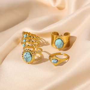 Geometric <b>Turquoise</b> <b>Ring</b> Gold Plated Stainless Steel Women's Fashion Jewelry Party Occasion Bezel Setting - Product Image 3