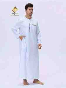 Al Haramain <b>Men's</b> White Cotton <b>Thobe</b> Long Sleeve Floor Length Round Neck Modest Prayer Wear Middle East Traditional Clothing - Product Image 5