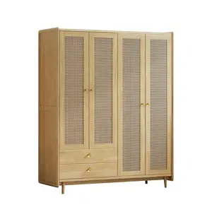 Armário japonês moderno simples da roupa do quarto do Rattan da madeira maciça com quatro portas com 2 gavetas grande armário