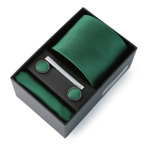 Corbata a rayas de color sólido para hombre, conjunto de regalo, gemelos cuadrados de bolsillo y Clip de corbata, traje para fiesta de boda, corbata roja, azul y verde - Product Image 2
