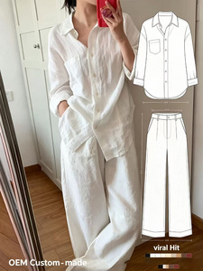 Completo da donna primaverile 2026 nuovo in <span class=keywords><strong>misto</strong></span> <span class=keywords><strong>lino</strong></span> bianco: camicia e <span class=keywords><strong>pantaloni</strong></span> dal taglio ampio, elegante e casual, due pezzi - Product Image 1