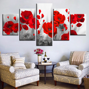 Conjunto de 5 piezas de <span class=keywords><strong>amapolas</strong></span> románticas, flores rojas, lienzo Modular, imagen artística, Impresión de pared, pinturas florales simples para sala de estar - Product Image 2