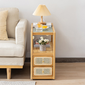 Sofa <b>Side</b> Cabinet <b>Glass</b> Top Wooden Storage With Drawers Living Room Furniture - Product Image 2