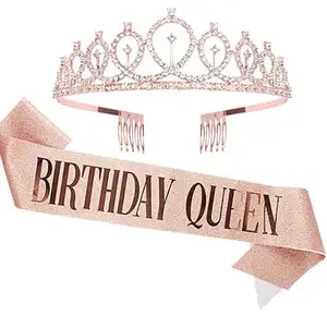 Huiran Birthday Crown Sash Kit Hair Accessories Crystal Birthday Tiara Party Rhinestone Tiara Birthday Crown For Girls