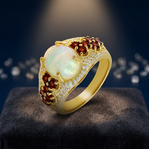Gourik 925 Sterling Silver <b>Gold</b> Plated <b>Ring</b> Oval White <b>Opal</b> Natural Red Garnet Zircon Gemstone Wedding Jewelry <b>Ring</b> - Product Image 2