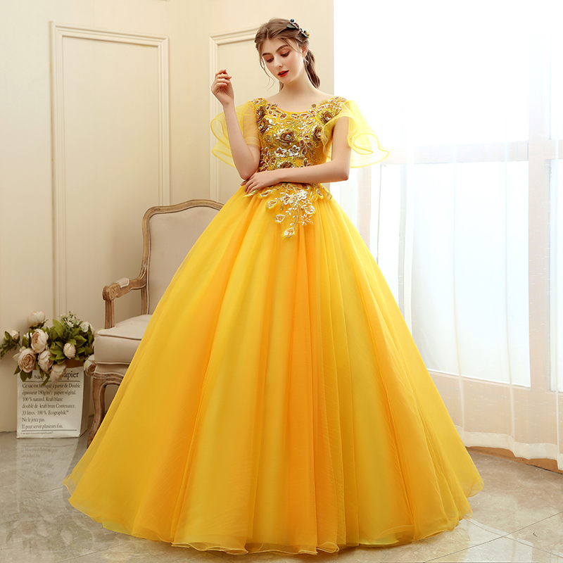 Feishiluo Women's Ball Gown Yellow Floor-Length Wedding Party and Prom  Dress with Lace and Appliques Decoration