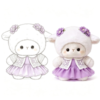 Peluche Mouton Blanc Mignon Style Doux avec Double Décoration Florale Violette, Gilet en Dentelle Blanche Assorti et Jupe Violette, Jouet en Peluche Mouton Moelleux