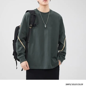 เสื้อยืดแขนยาวลายทางผ้าฝ้ายแท้ทรงหลวมคอกลมสีเทาสำหรับผู้ชายขายส่ง - Product Image 4
