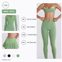 Ensemble de yoga 6 pièces grande taille pour femme avec veste zippée à passepoil contrastant, soutien-gorge de sport, jupe plissée et short – Tenue d'entraînement en gros