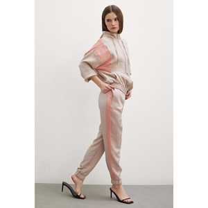 Pantalon de jogging beige à rayures latérales, taille mi-haute, en tissu éponge respirant pour femme - Product Image 4