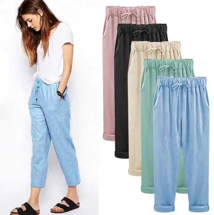 Estate nuovi pantaloni femminili in cotone e lino nove punti pantaloni più i pantaloni di grasso XL 200 kg di grasso mm sciolto sottile lino