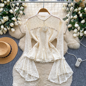 เสื้อลูกไม้ประดับลูกปัดสวยหรูสำหรับผู้หญิง แขนยาวทรงบาน ปลายเสื้อเปปลัม ทรงเข้ารูป เหมาะสำหรับฤดูใบไม้ร่วง - Product Image 3