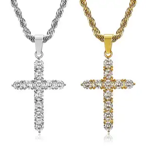 Kreuz religiös christlich Moissanit Hiphop Luxus Edelstahl Anhänger Schmuck vergoldete Halsketten für Frau Frauen 2024