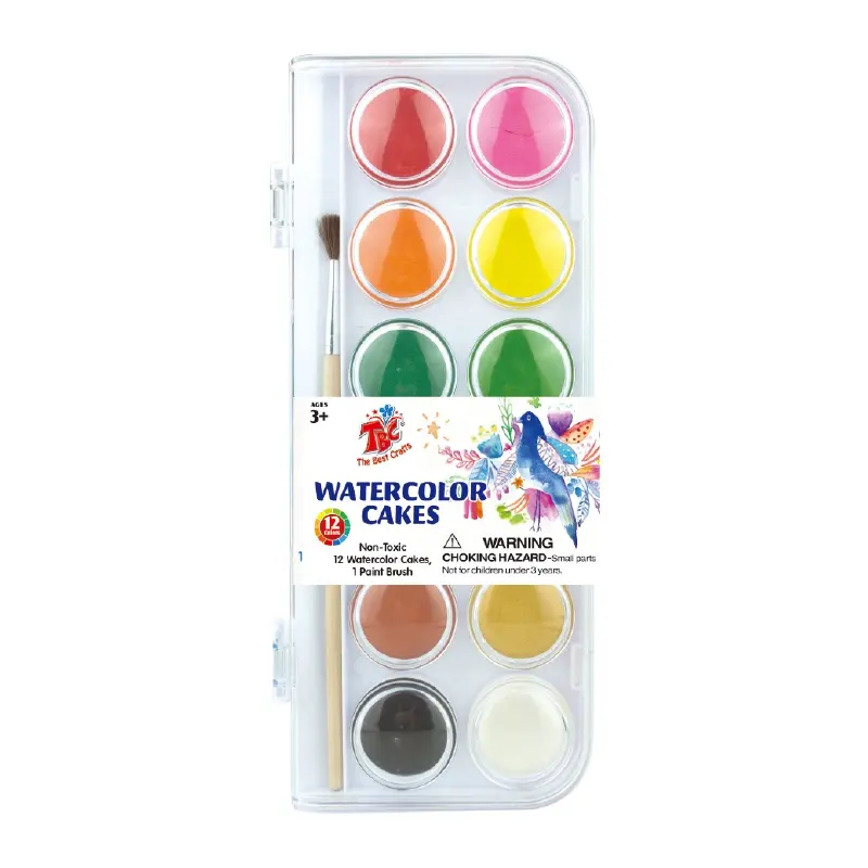 Hete Verkoop Merk Tbc De Beste Ambachten Groothandel 12 Stuks Kleuren Aquarel Cake Met Plastic Doos Borstel Voor Kinderen Studenten Kunstenaars