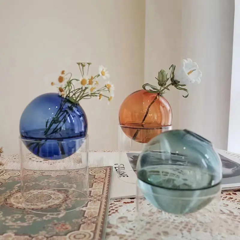 Dekorasi meja vas bunga kaca, mewah kreatif modern kecil warna bola berbentuk tunggal bunga dekoratif untuk pernikahan
