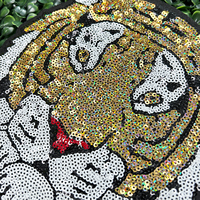 Patch graphique personnalisé en feutre, motif mascotte visage de tigre brodé de paillettes dorées holographiques, noir, argent, rouge, thermocollant ou à coudre, usine OEM