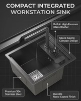 Évier de cuisine intelligent Nano Noir en acier inoxydable 304 à montage sous plan, à cuve unique, avec barre de lavage de tasses, pour camping-car, buanderie, maison, vente en gros