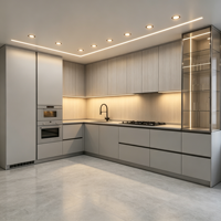 Meubles de cuisine minimalistes résistants à l'humidité E0, armoires en mélamine sur mesure, plan de travail en quartz, ensemble d'électroménager encastré