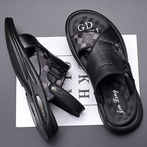 Sandales à enfiler pour homme noires, à porter de deux façons, motif à carreaux, sangle réglable avec boucle, semelle épaisse antidérapante, chaussures décontractées pour l'été - Product Image 1