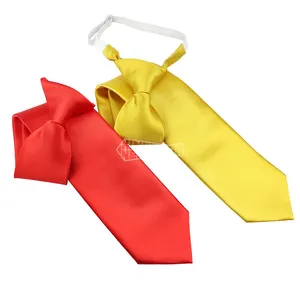 Gravata elástica de tecido fácil para homens, gravata de poliéster vermelho e amarelo com clipe de cor sólida