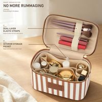 Trousse de toilette rayée en toile pour femme avec garniture en PU, insert organisateur amovible et sangles pour pinceaux, idéale pour le rangement de maquillage en voyage