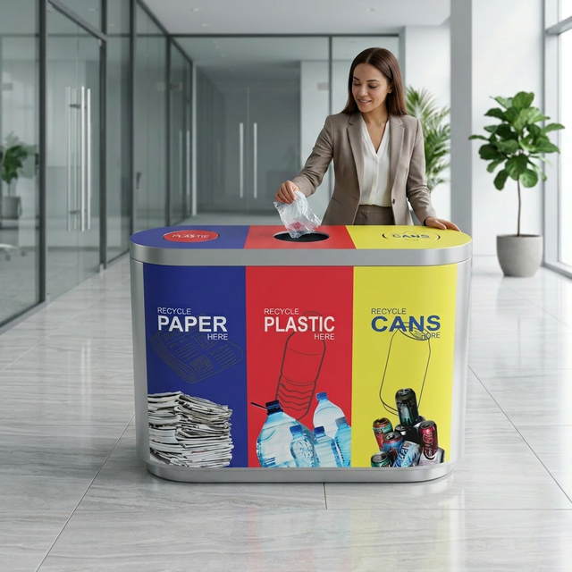 Rectangular Metal Recycling Bin with Three Compartments for Paper Plastic and Cans Indoor Use Sorting Dustbin