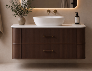 Ensemble de meuble-lavabo flottant <span class=keywords><strong>MEBO</strong></span> brun foncé cannelé et courbé avec lavabo vasque blanc, miroir LED rétroéclairé et armoire murale - Product Image 1
