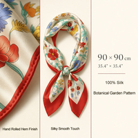 Foulard en Soie de Luxe 14mm 90x90 cm, Style Designer, Motif Floral Artistique, Bordure Contrastante Vintage, Écharpe Carrée Tendance
